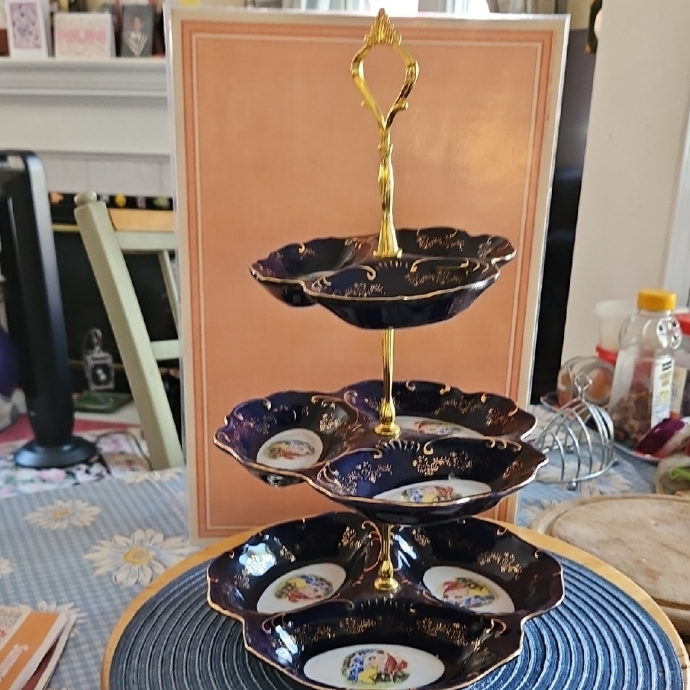 Elegant Blue and Gold Tiered Cake/ Sandwich Stand